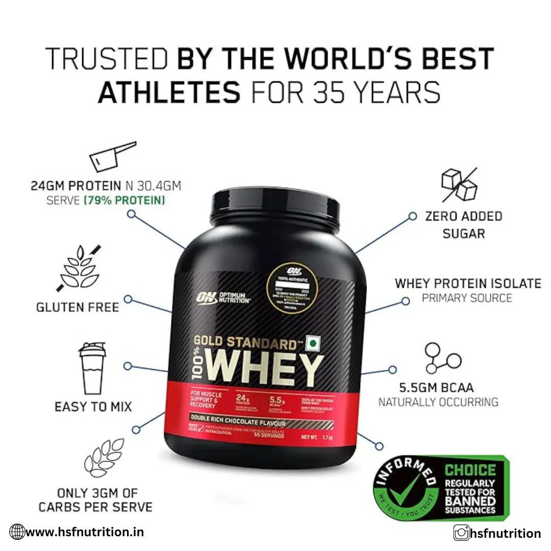 Optimum Nutrition ON Gold Standard 100% Whey Protein - 1.7 Kg, Double Rich Chocolate, 55 Serving - Hold Strong Fitness & Nutrition