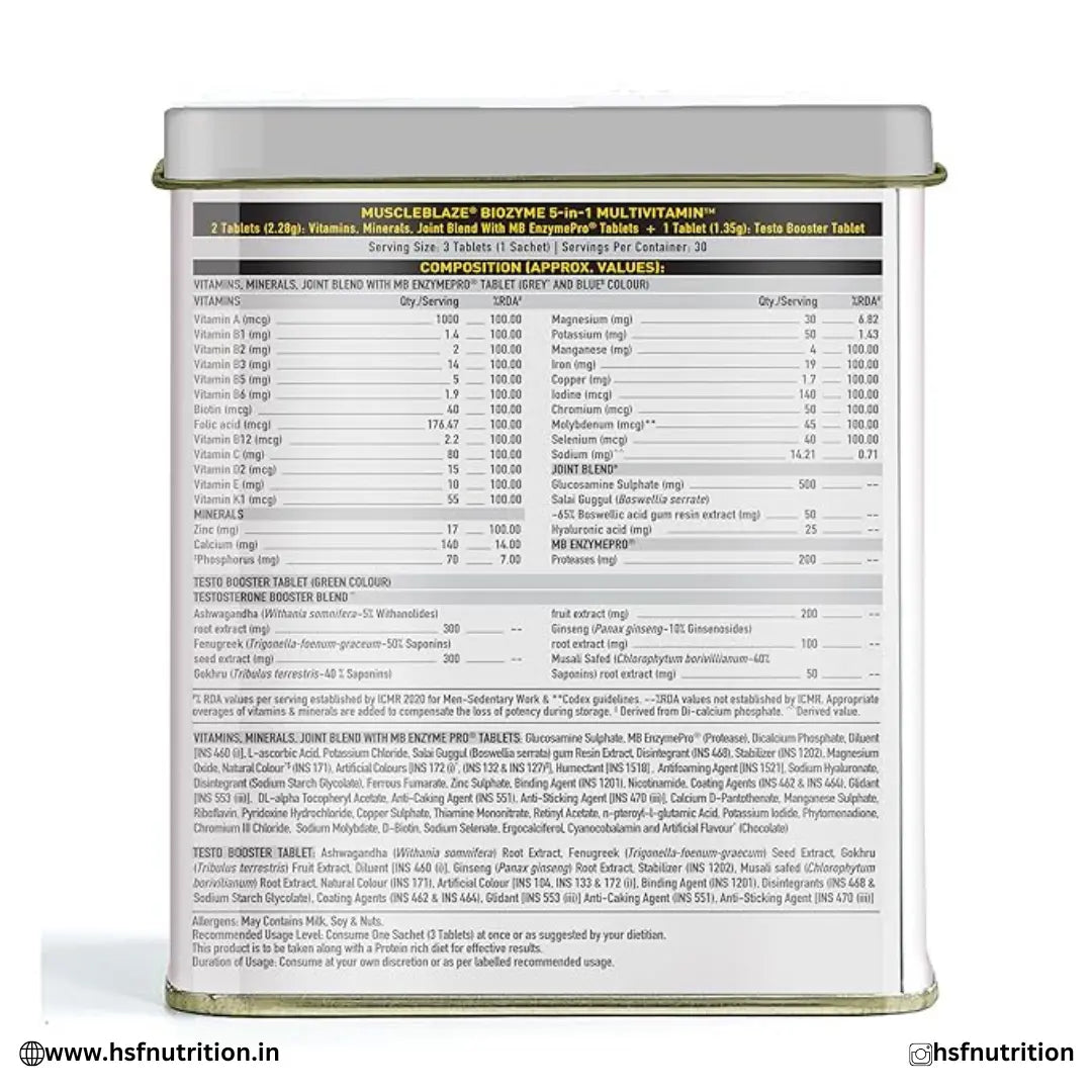 MuscleBlaze Daily Multivitamin | 5-In-1 Supplement With Vitamins, Minerals, Joint, T-Booster - 90 Capsules Muscleblaze