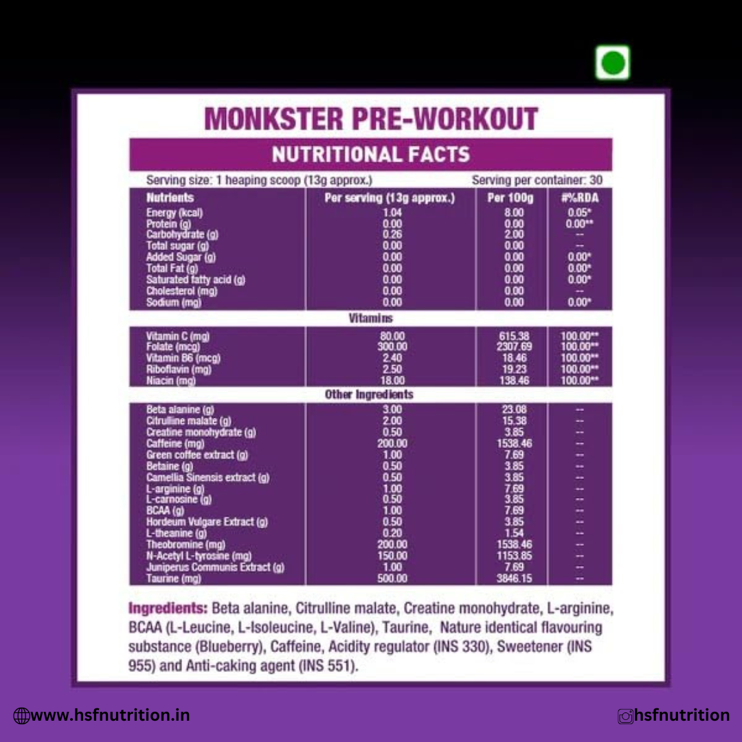 MUSCLE MONK Monkster Intense Preworkout 300 Gram - 30 Servings, Blueberry Flavor Bigmuscles Nutrition