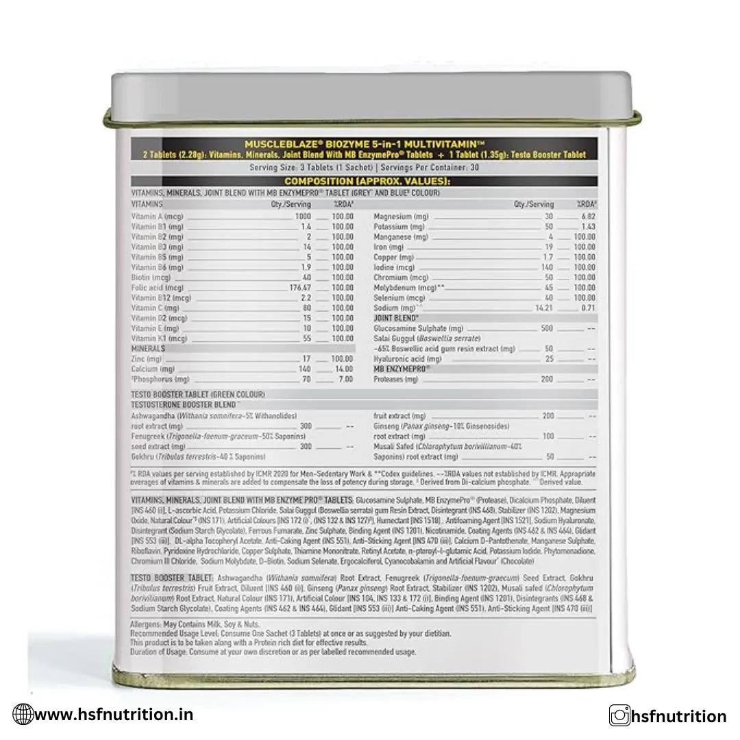 MuscleBlaze MB Biozyme Daily Multivitamin - 90 Tablets | 5-in-1 Supplement with Vitamins, Minerals, Joint, T-Booster Blend - Hold Strong Fitness & Nutrition