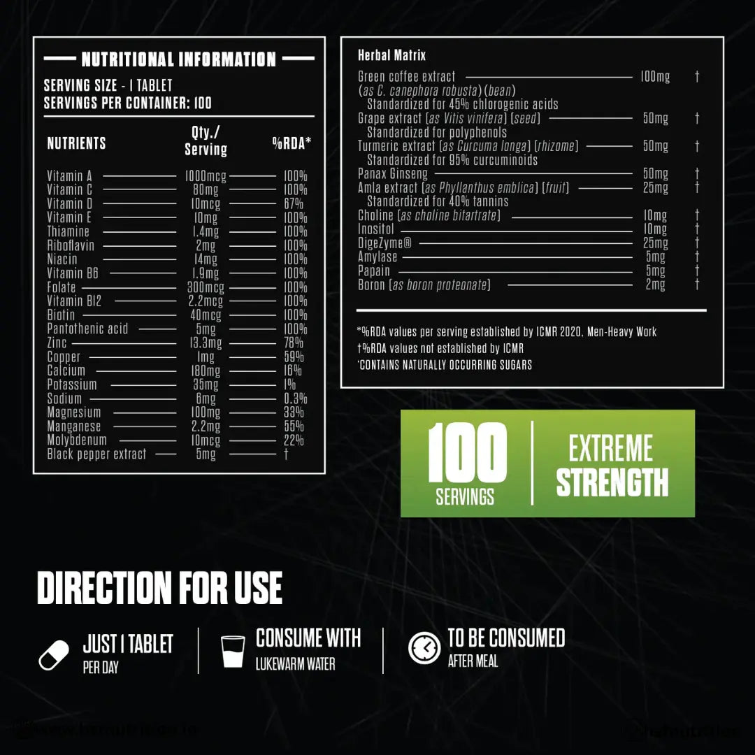 EXALT SUPPS The Vital Multivitamins - 100 Tablets,  25 Vitamin & Minerals - Hold Strong Fitness & Nutrition