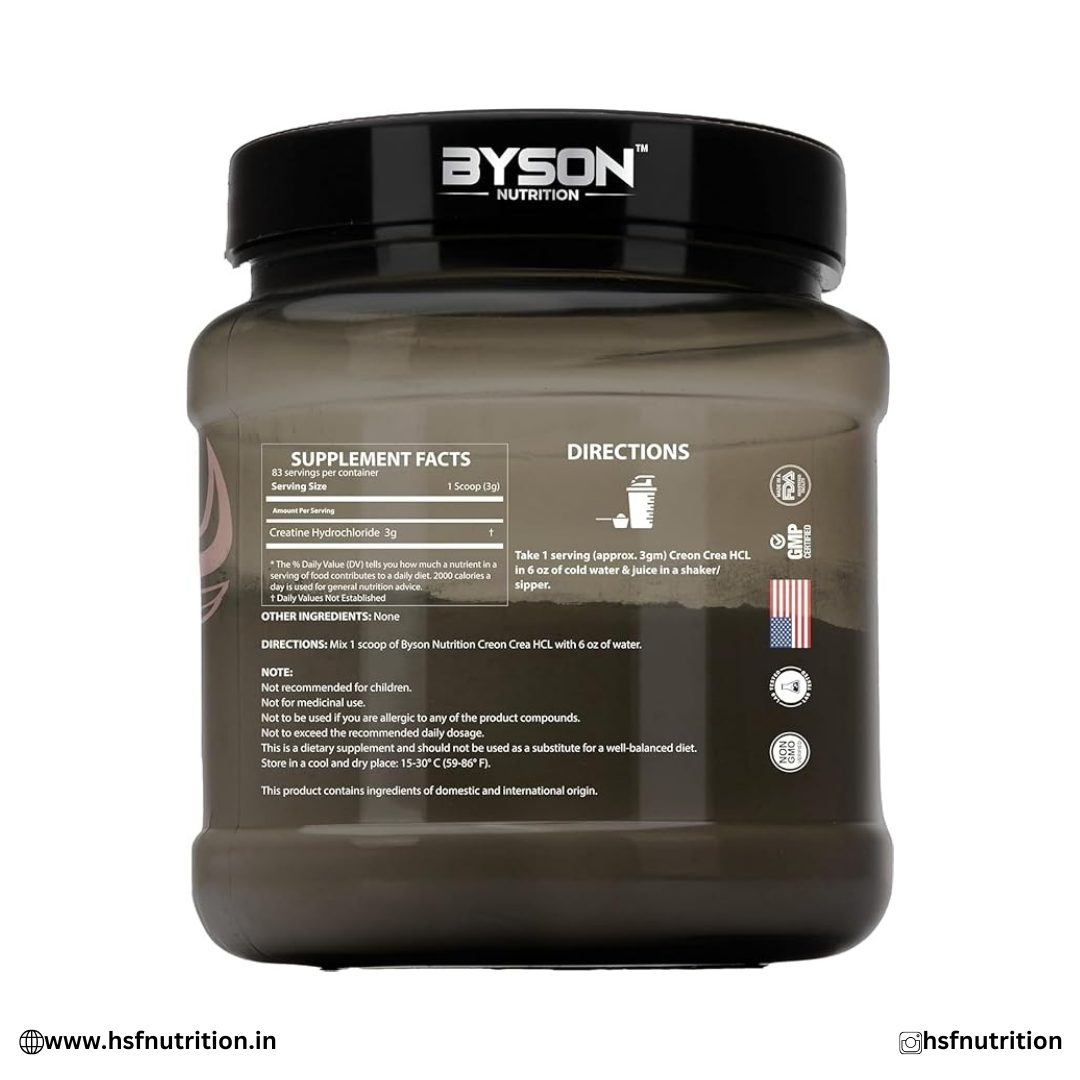 Byson Nutrition Creon CREA HCL - 250g, 83 Serving, Unflavored | Creatine HCL | USA Bigmuscles Nutrition