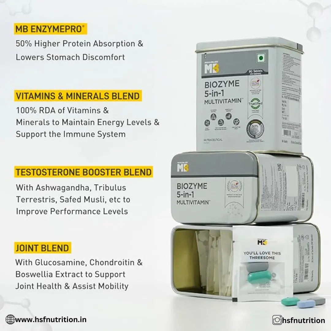 MuscleBlaze MB Biozyme Daily Multivitamin - 90 Tablets | 5-in-1 Supplement with Vitamins, Minerals, Joint, T-Booster Blend - Hold Strong Fitness & Nutrition