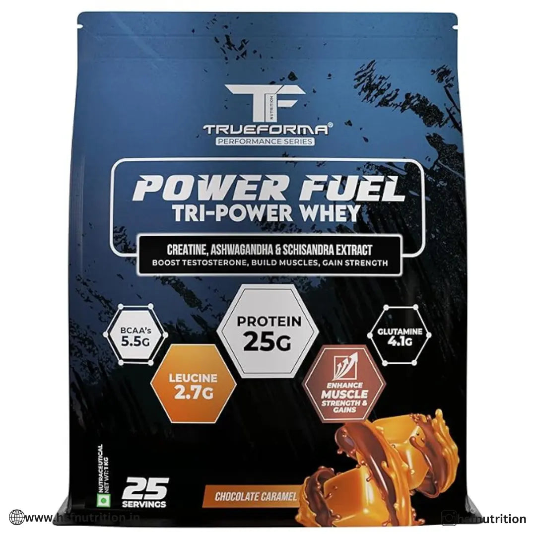 Trueforma Power Fuel Whey Protein - 1kg, 25gm, 25 Serving, Chocolate Caramel with Creatine, Ashwagandha & Schisandra - Hold Strong Fitness & Nutrition
