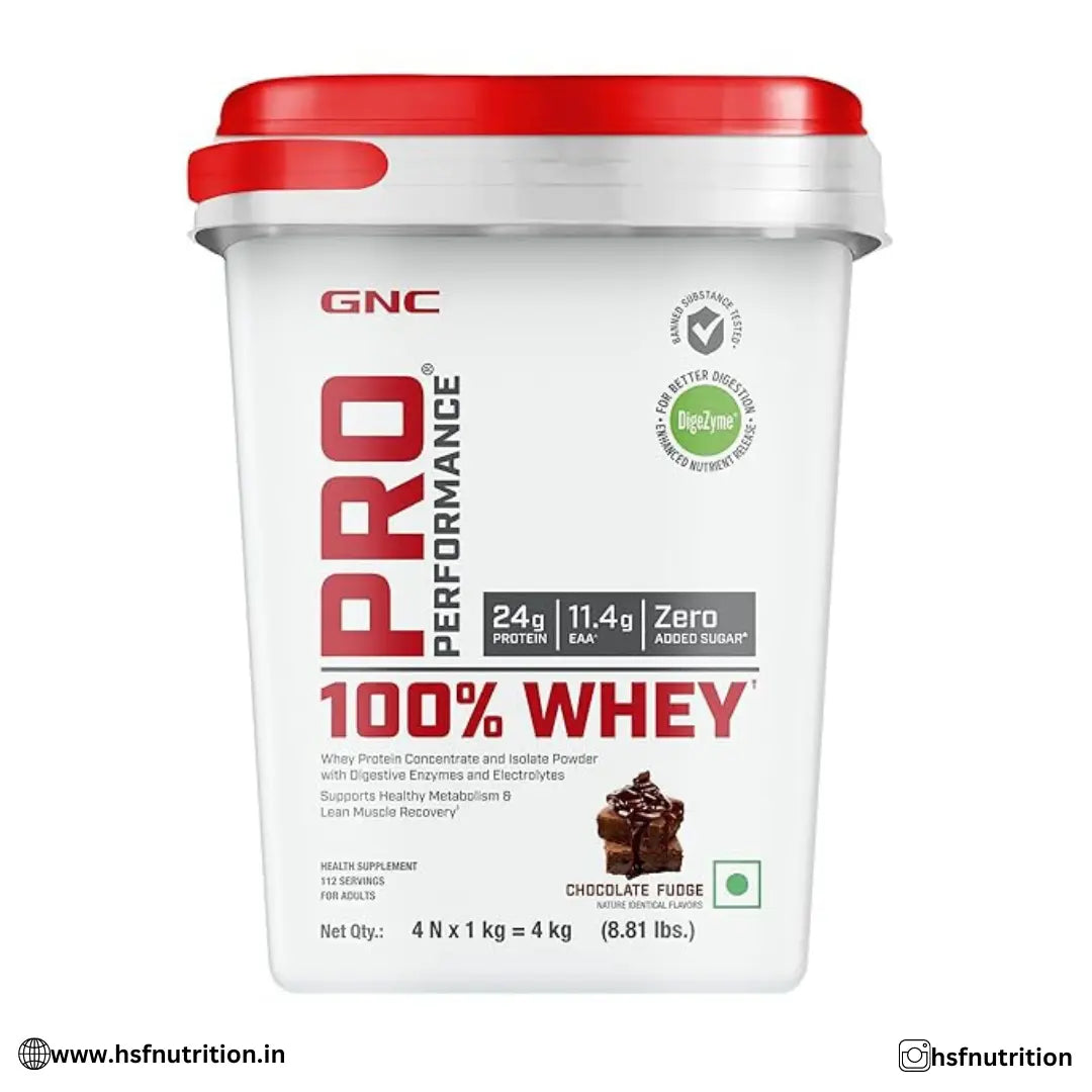 GNC Pro Performance 100% Whey Protein Powder  -  4 KG (1 KG X 4 Pouches) + Bucket | 24g Protein - Hold Strong Fitness & Nutrition