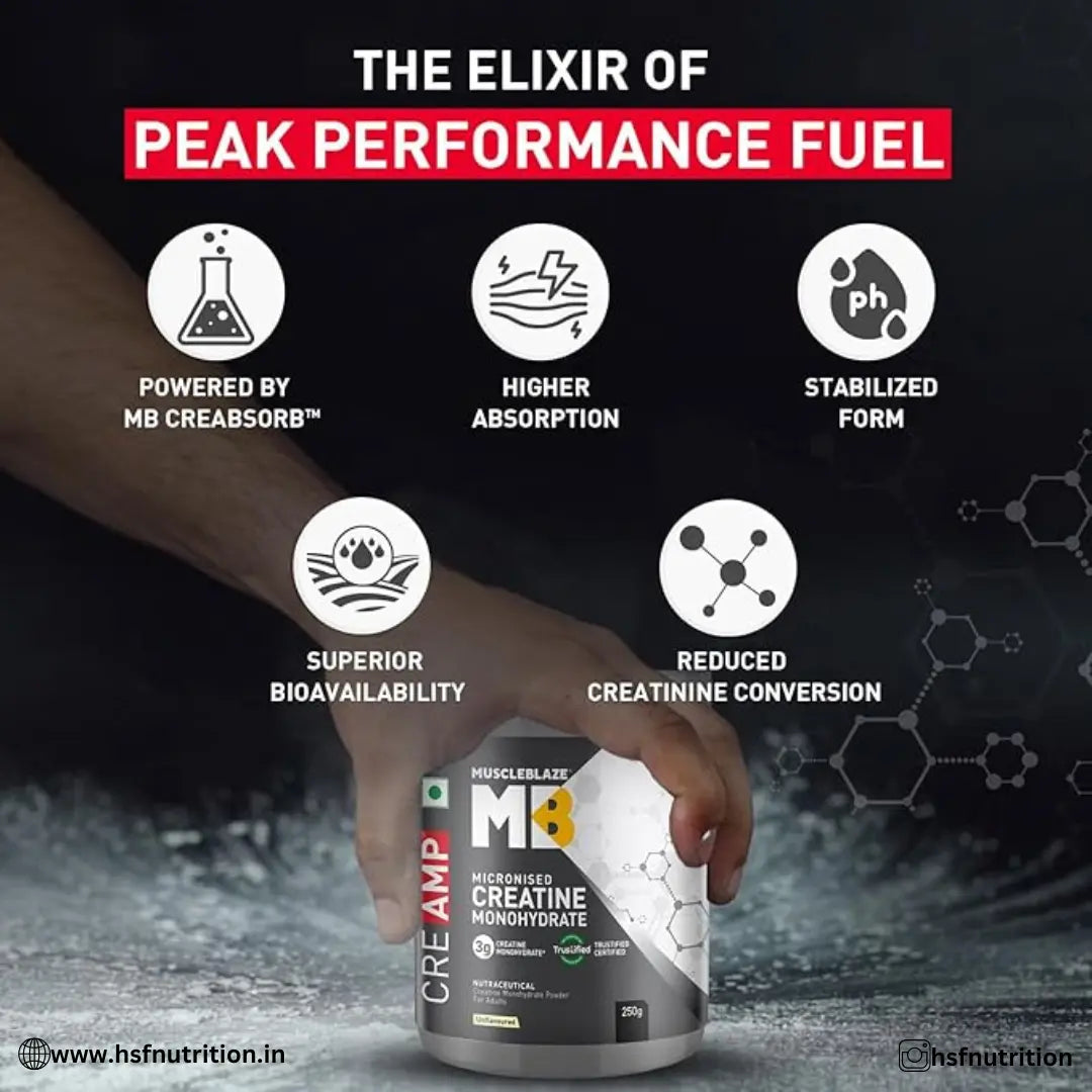 MuscleBlaze  MB Creatine Monohydrate CreAMP - 80 Servings, 250g, Unflavoured - Hold Strong Fitness & Nutrition