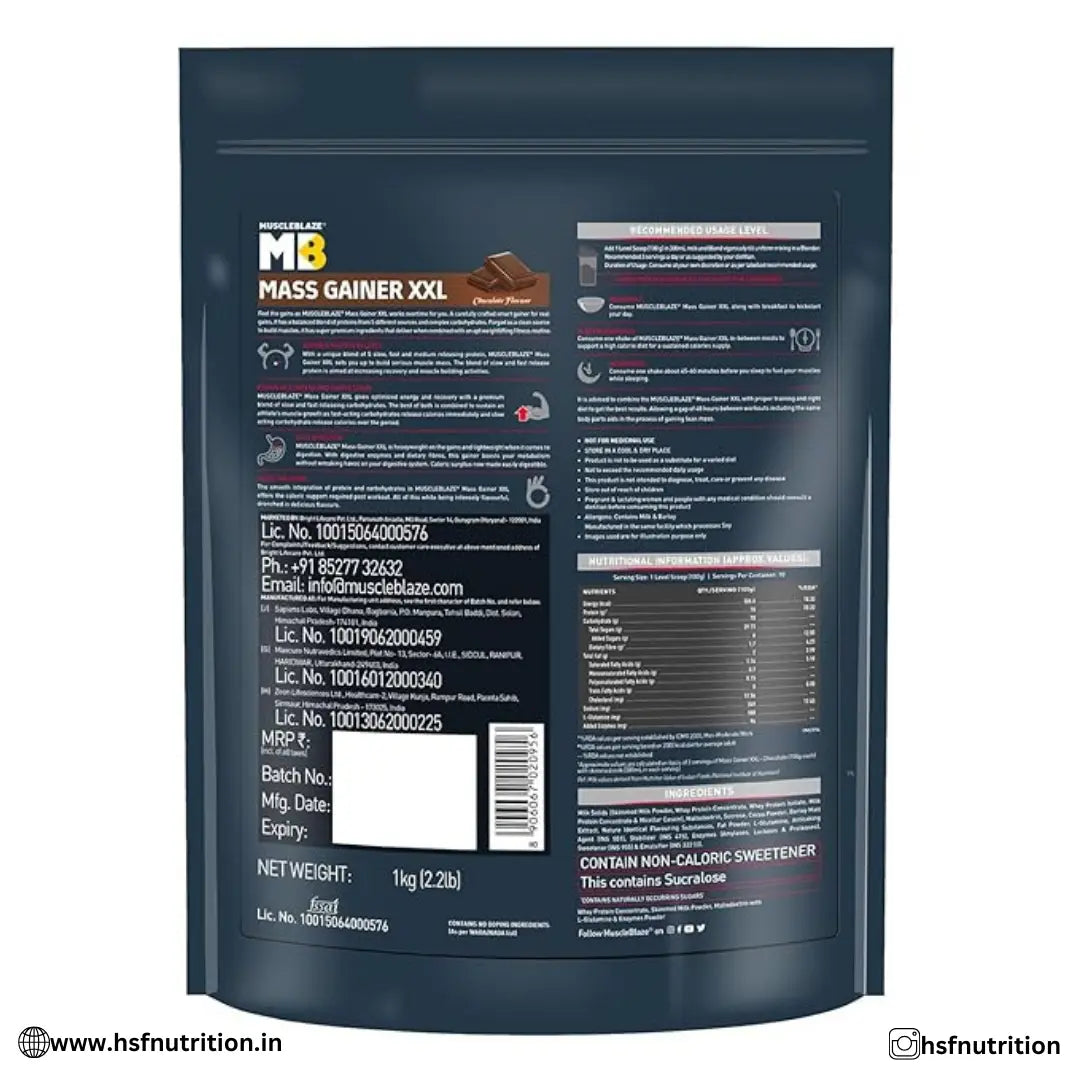 MuscleBlaze MB Super Gainer Xxl  - 1kg, Chocolate - Hold Strong Fitness & Nutrition