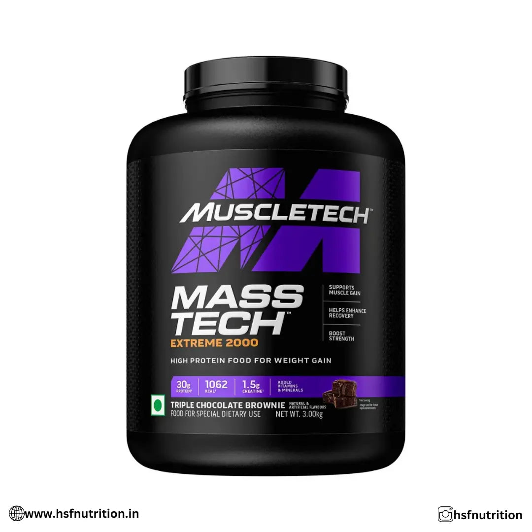 MuscleTech MassTech Extreme 2000 High Protein Mass & Weight Gainer - 3Kg, Triple Chocolate Brownie, 30g Protein - Hold Strong Fitness & Nutrition