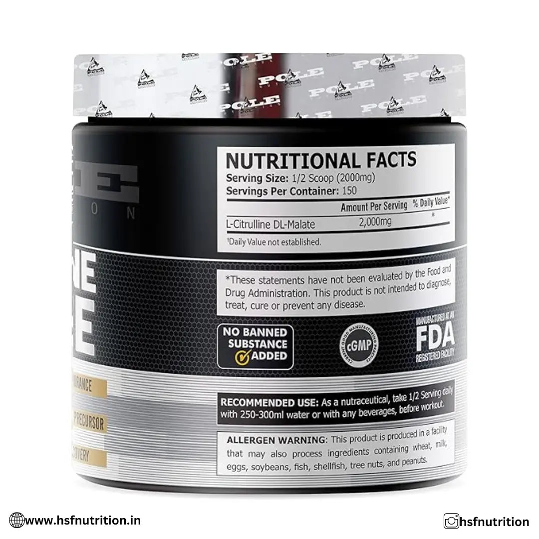 Pole Nutrition Citrulline Malate - 300g, Unflavored  | Boost Endurance & Recovery with Nitric Oxide Support - Hold Strong Fitness & Nutrition