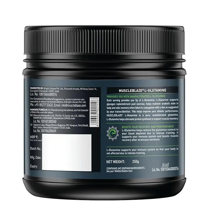 MuscleBlaze MB  L-Glutamine (Unflavoured, 250g, 50 Servings) | Post Workout Recovery - Hold Strong Fitness & Nutrition