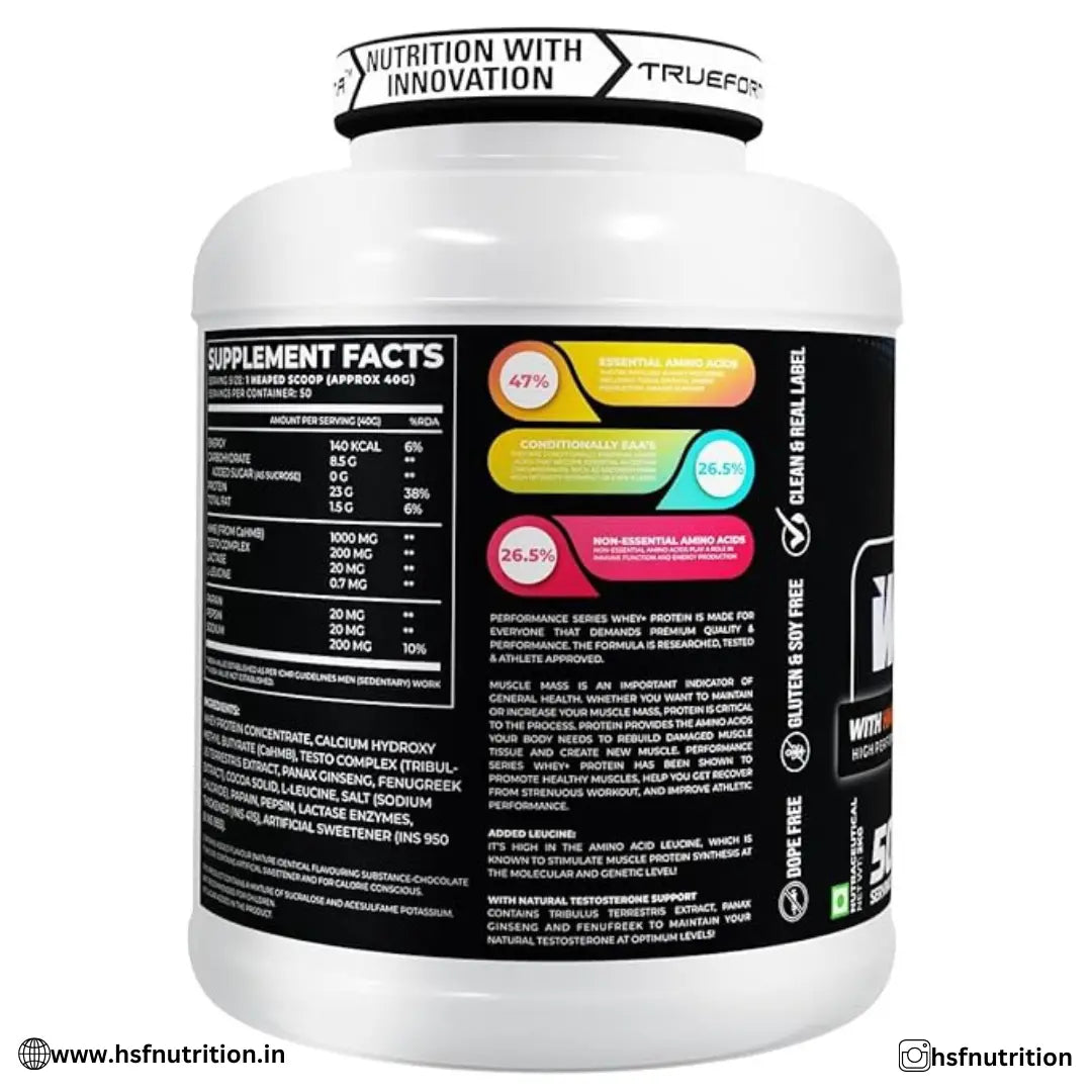 Trueforma Whey + - 2Kg, 50 Serving, Chocolate Caramel (With HMB, Lecucine & Testo Complex) - Hold Strong Fitness & Nutrition