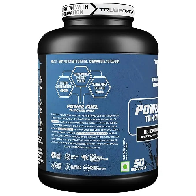 Trueforma Power Fuel Whey Protein - 2kg, 25gm, 50 Serving, Chocolate Caramel with Creatine, Ashwagandha & Schisandra - Hold Strong Fitness & Nutrition