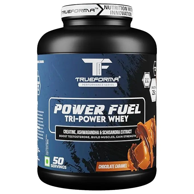 Trueforma Power Fuel Whey Protein - 2kg, 25gm, 50 Serving, Chocolate Caramel with Creatine, Ashwagandha & Schisandra - Hold Strong Fitness & Nutrition