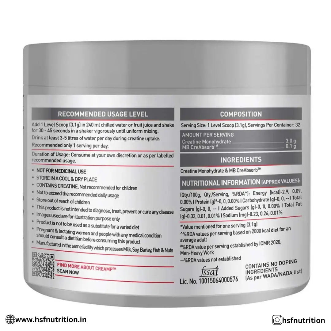 MuscleBlaze  MB Creatine Monohydrate CreAMP -  33 Servings, 100g, Unflavoured - Hold Strong Fitness & Nutrition