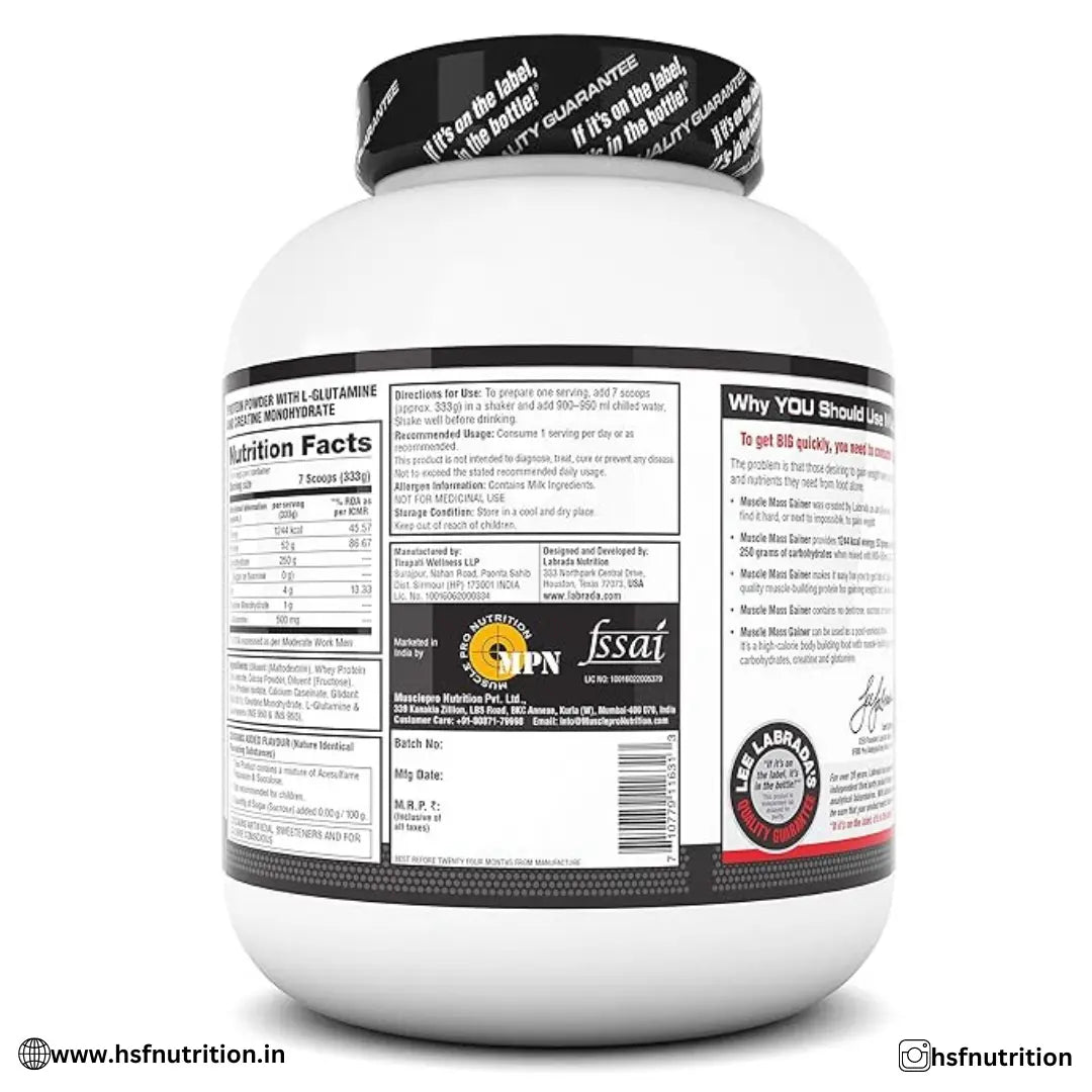 Labrada Muscle Mass Gainer - 3 kg, Chocolate | 52g Protein, 250g Carbs, 1g Creatine, 500mg L-Carnitine - Hold Strong Fitness & Nutrition
