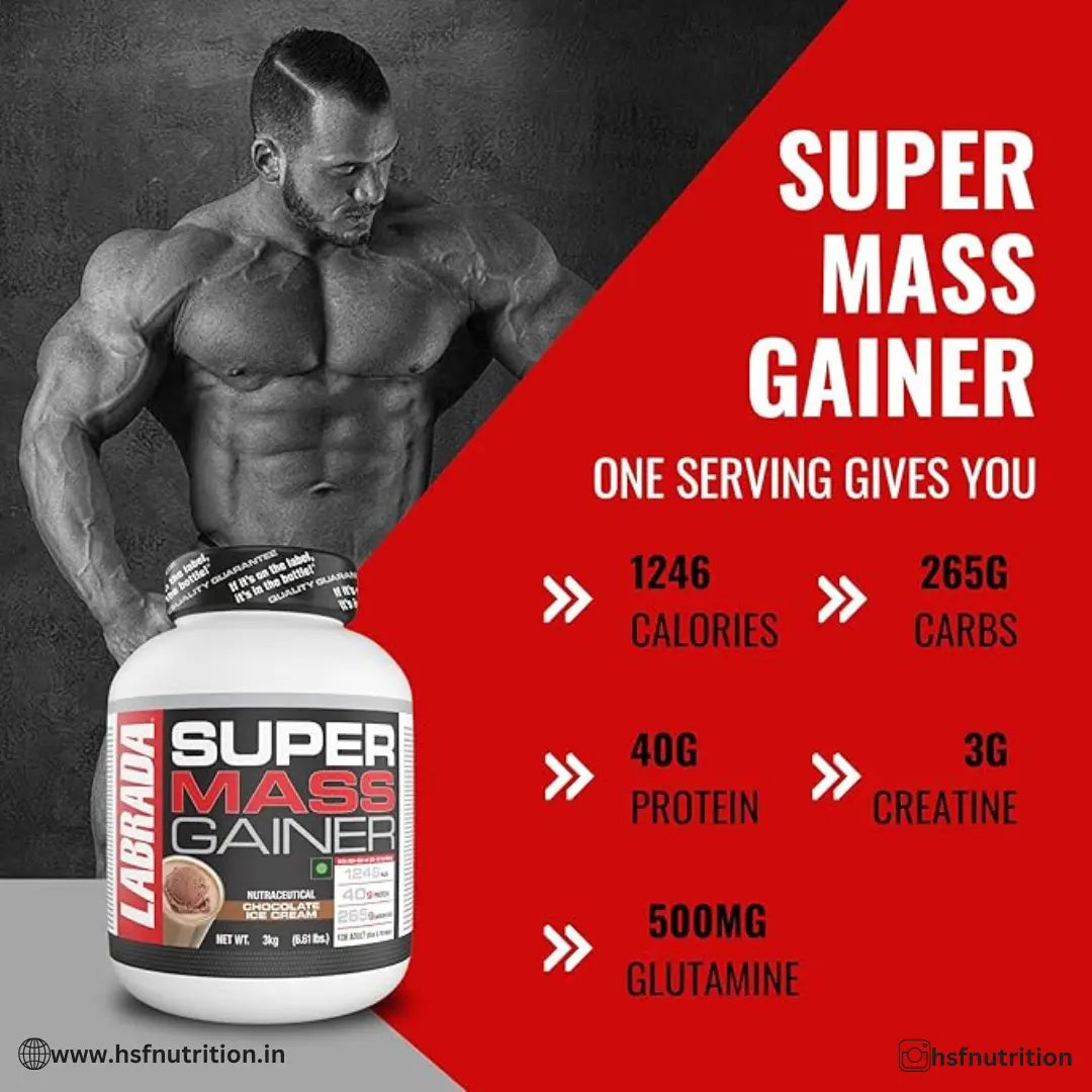 Labrada Super Mass Gainer - 3kg, 1246 Calories, 40g Protein, Chocolate Ice Cream Labrada