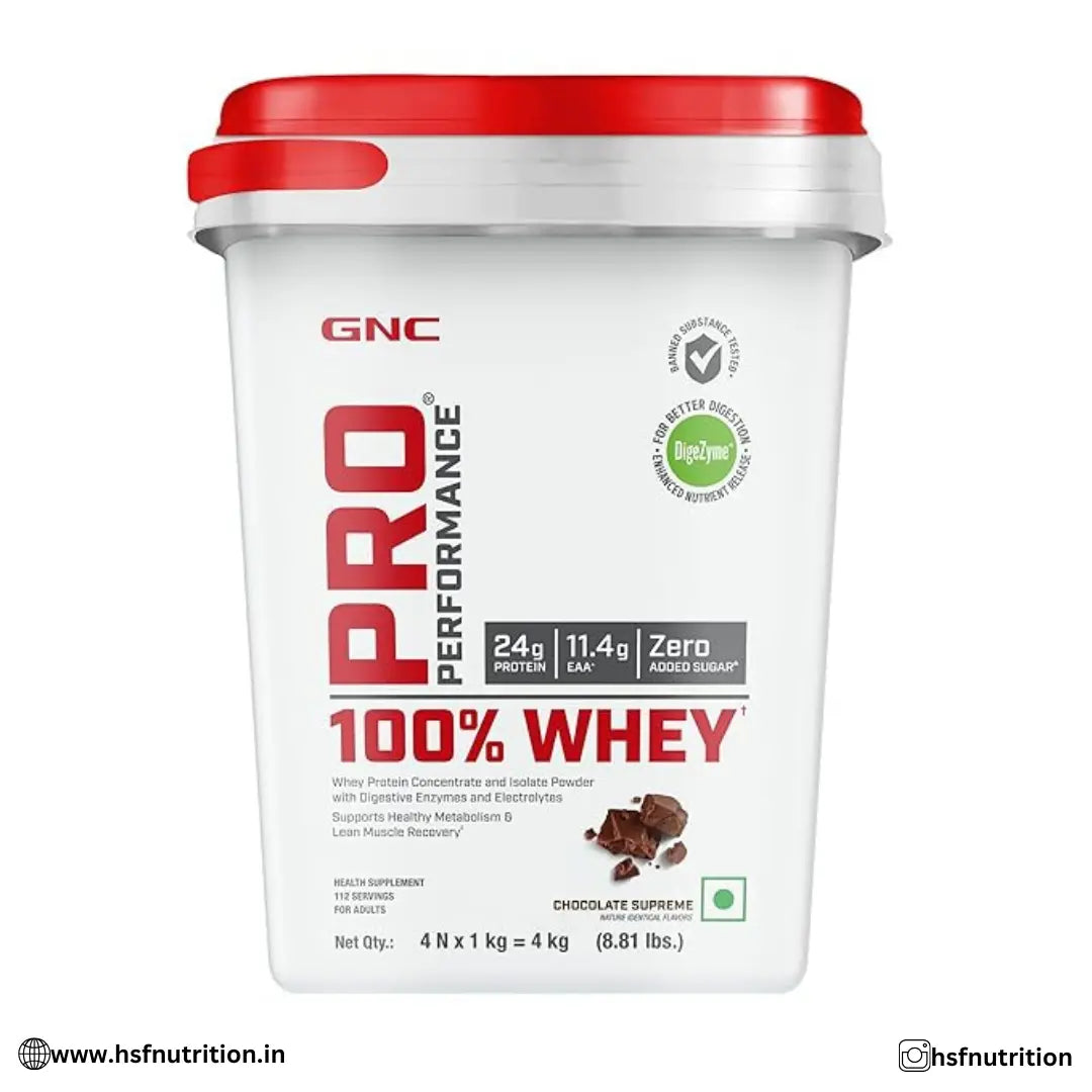 GNC Pro Performance 100% Whey Protein Powder  -  4 KG (1 KG X 4 Pouches) + Bucket | 24g Protein - Hold Strong Fitness & Nutrition