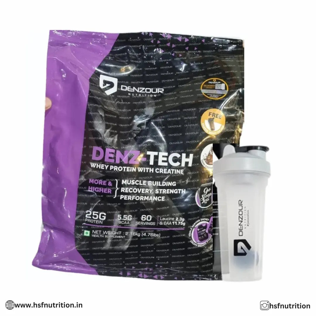 Denzour Nutrition Denz-Tech Whey Protein - 2Kg, 25g, 60 Sachet, Dark Chocolate | Free Shaker Inside Denzour Nutrition