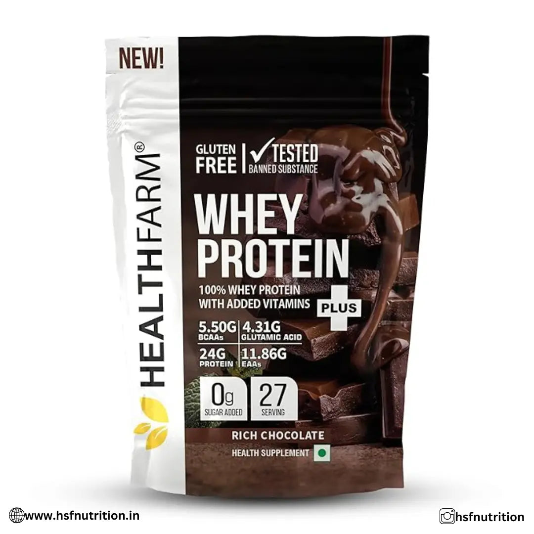 HEALTHFARM Whey Protein Plus with added vitamins - 1Kg, 24g Protein, Rich Chocolate - Hold Strong Fitness & Nutrition