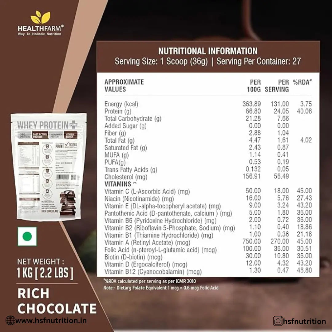 HEALTHFARM Whey Protein Plus with added vitamins - 1Kg, 24g Protein, Rich Chocolate - Hold Strong Fitness & Nutrition