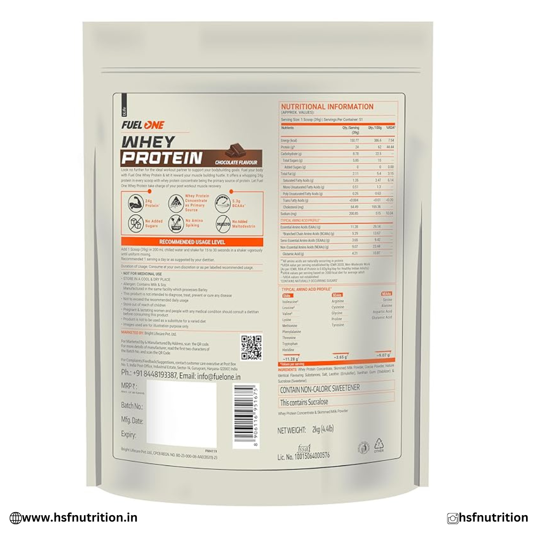 FUELONE Whey Protein (Chocolate, 2kg / 4.4lbs) | 24g Protein | 5.29g BCAA & 4.2g Glutamic Acid Muscleblaze